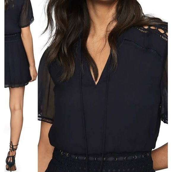 REISS Sam Embroidered Split Neck Dress Sz. 6 Navy - Picture 3 of 6
